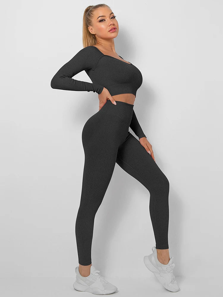 Seamless Yoga Set High Waist Hip Raise Pants Solid Color Long Sleeves Crop Top Women Workout Sportswear Running Fitness Suit