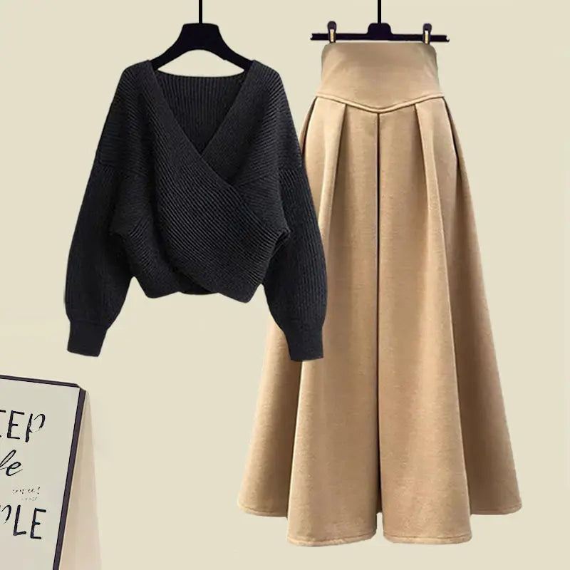 Korean Style Autumn New Chest Cross Knitted Sweater Pullover Pleated Half Skirt Two-piece Set Fashionable Women's Skirt Set