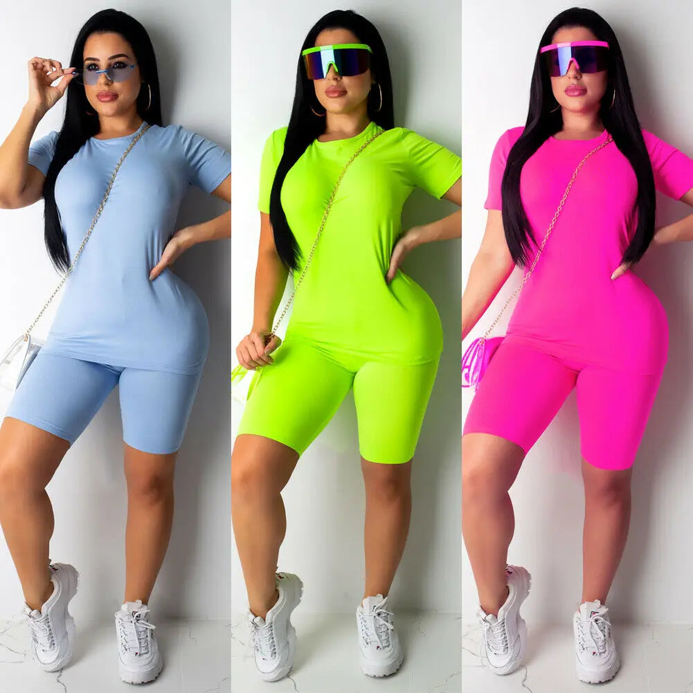 Hirigin 2PCS/Set Women Sports Suit Neon Top Short Pants Workout Clothes Tracksuit Fashion Summer Outfit Ladies Casual 2 PCS Set