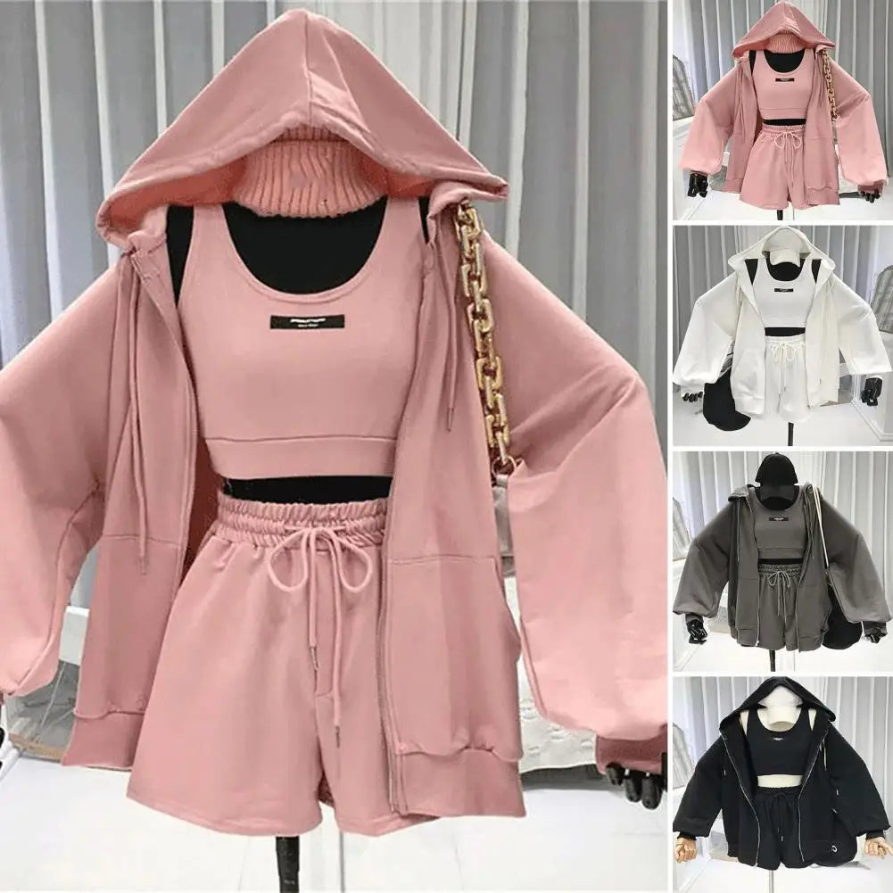 1 Set Women Sportswear  Long Sleeve   Women Coat Three Pieces Drawstring Shorts Vest Thin Coat Set