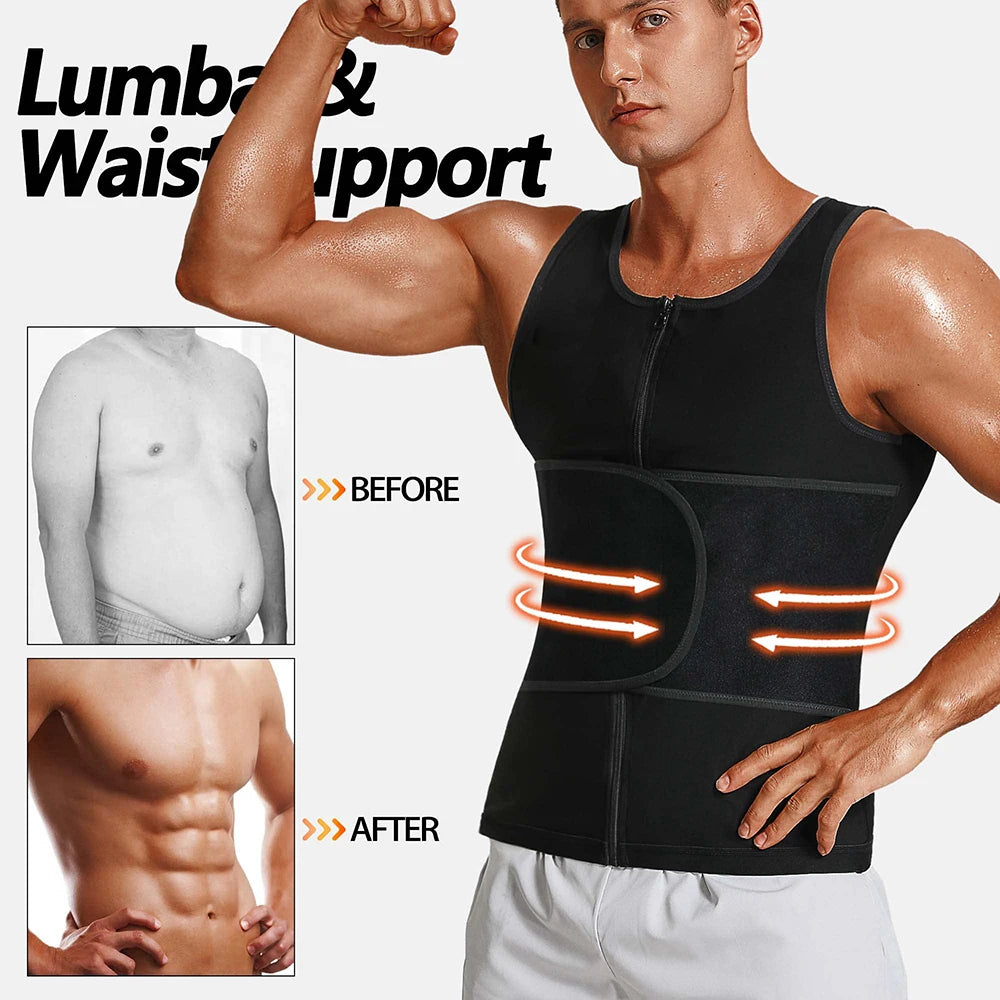 Sauna Vest for Men Waist Trainer Vest with Zipper Workout Sauna Suit Adjustable Waist Trimmer Belt Sweat Enhancing Body Shaper