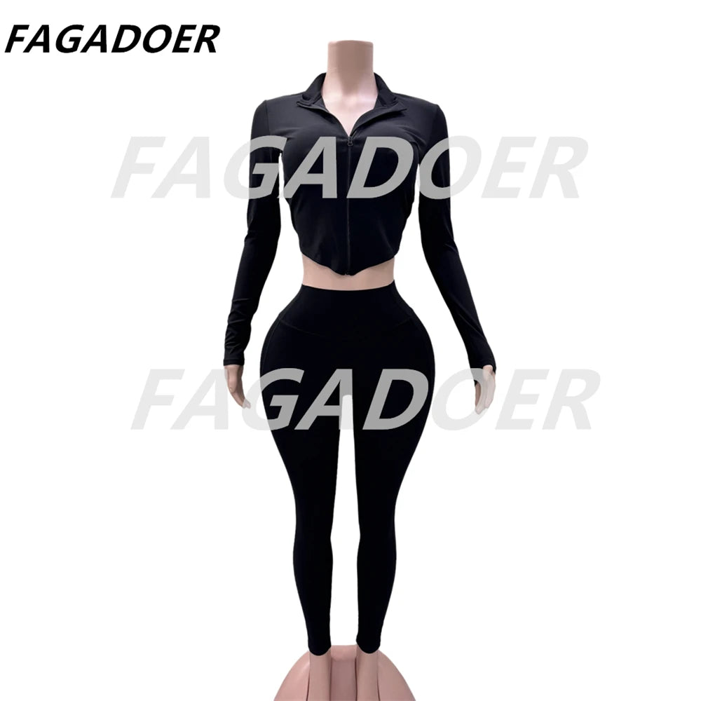 FAGADOER Candy Color Sporty 2pcs Sets Outfits Quality Stretchy Tracksuit Female Workout Streetwear Jacket + Leggings  Pants Suit