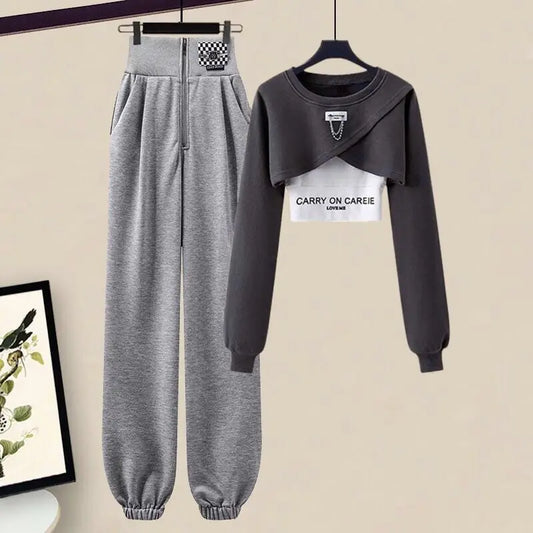 Elegant Sportswear Suit Women's Spring Autumn Fashion Short Sweater+Suspenders+Pants Three Piece Female Tracksuit Set