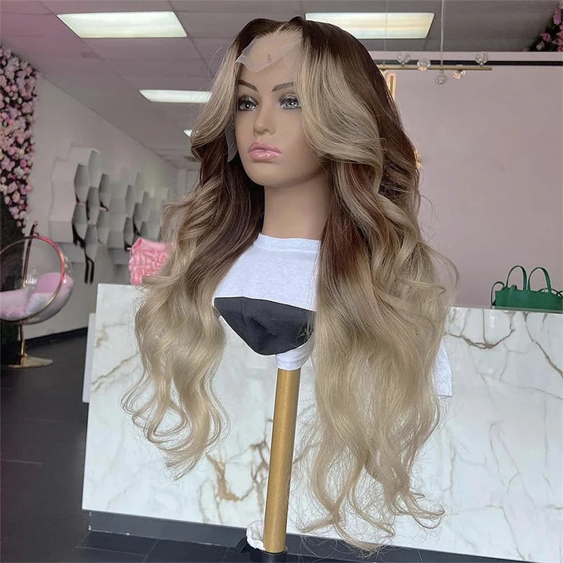 180 Density13x4 Ombre Ash Blonde Body Wave HD Transparent Lace Front Wig Ready To Wear And Go Cosplay Small Meddile Large Size