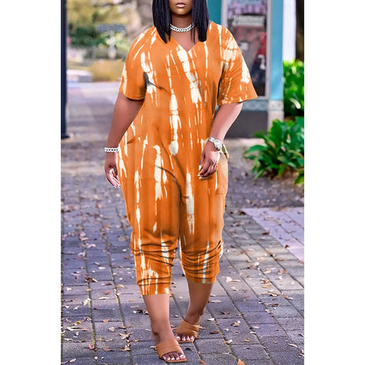 Plus Size Orange Daily Tie Dye Short Sleeves V Neck Jumpsuit