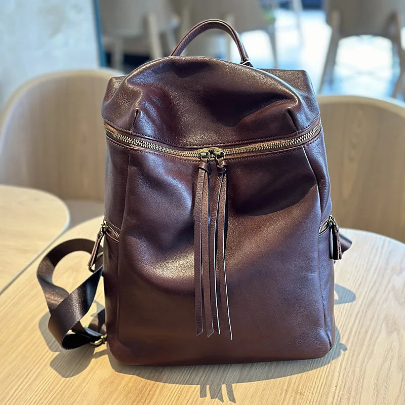 Tanned Leather Backpack Women's Vintage Genuine Bag Simple Top Layer Cowhide Travel Large Capacity Bags