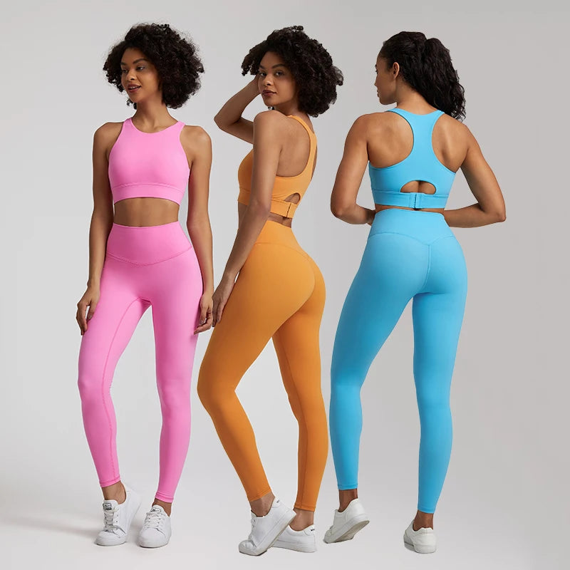 Naked Feel High Stretch Yoga Set Workout Clothes Fitness Women Tracksuit Adjustable Hook Tank Bra Gym Leggings 2pcs Sports Suits