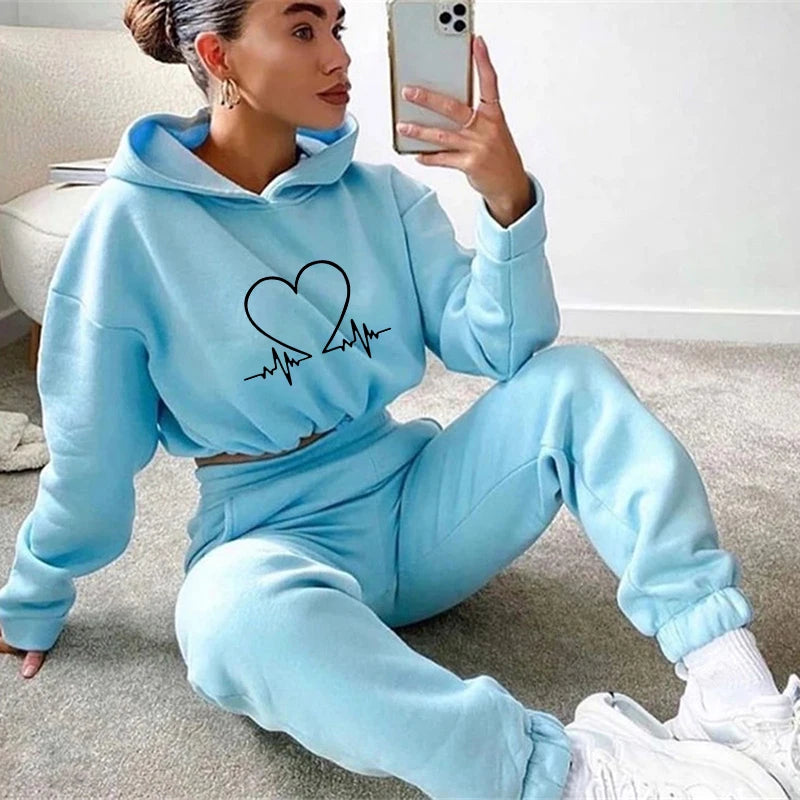 Autumn Popular Womens Tracksuit Printing Short Tops Long Sleeves Hooded Sweatshirt Suit Casual Jogging Sweatpants 2 Piece Set