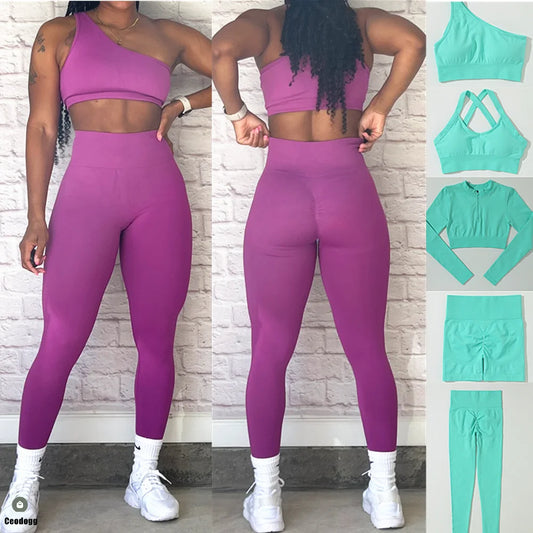 1/2/3Pcs Seamless Passion One Shoulder Bra Yoga Sets Women Crop Top Sport Workout High Waist Scrunch Leggings Fitness Gym Suits