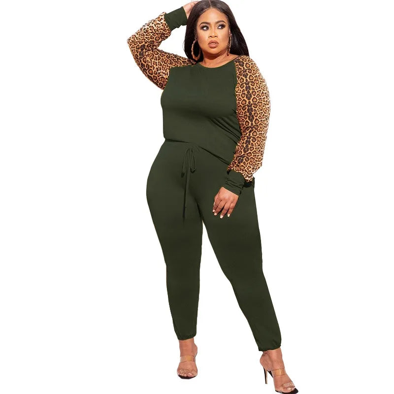 Plus Size Sets 2 Piece Outfit Women Fall Clothes Sweatsuit Tracksuit Leopard Patchwork Crop Top Leggings.