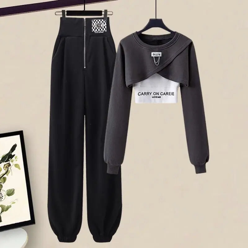 Elegant Sportswear Suit Women's Spring Autumn Fashion Short Sweater+Suspenders+Pants Three Piece Female Tracksuit Set