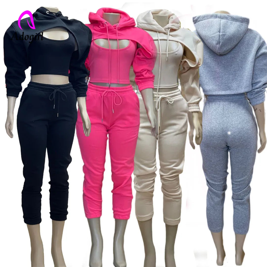 Fitness Women 3 Piece Set Solid Long Sleeve Crop Hoodies Vest High Waist Jogging Pants Suit 2024 Winter Autumn Sporty Sweat Suit