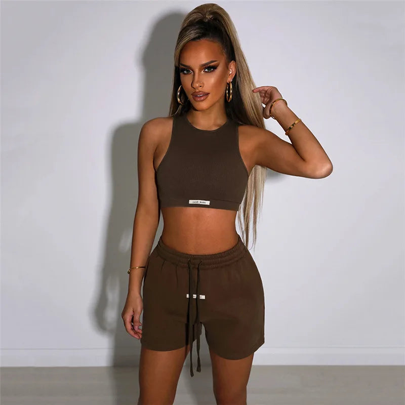 Women's Sport Shorts Sets Letter Ribbed Skinny Tank Tops Loose Casual Drawstring Sweatpants Gym Workout Fitness Female Tracksuit