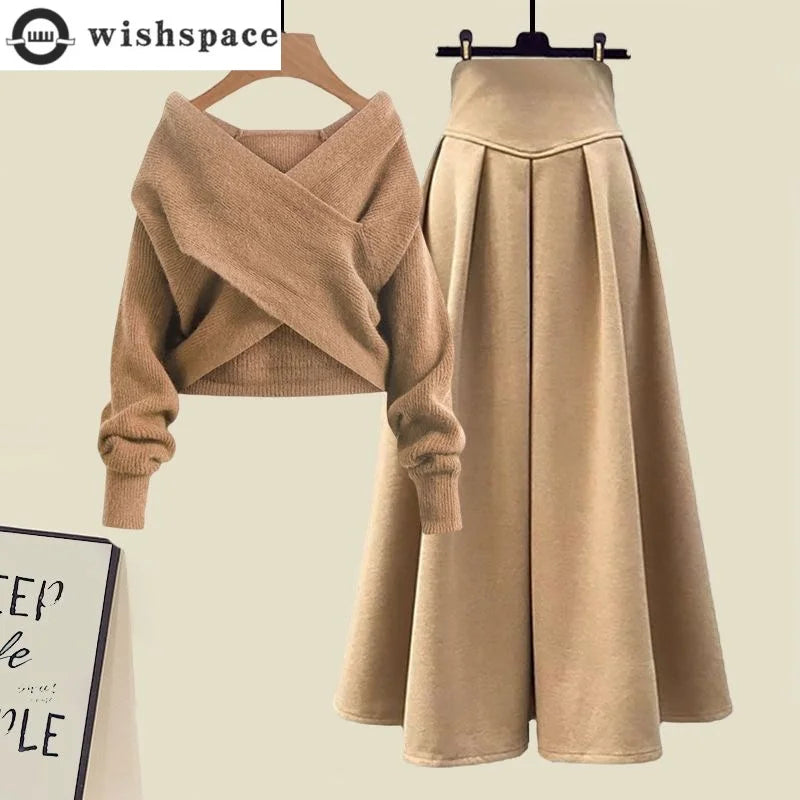 Korean Style Autumn New Chest Cross Knitted Sweater Pullover Pleated Half Skirt Two-piece Set Fashionable Women's Skirt Set