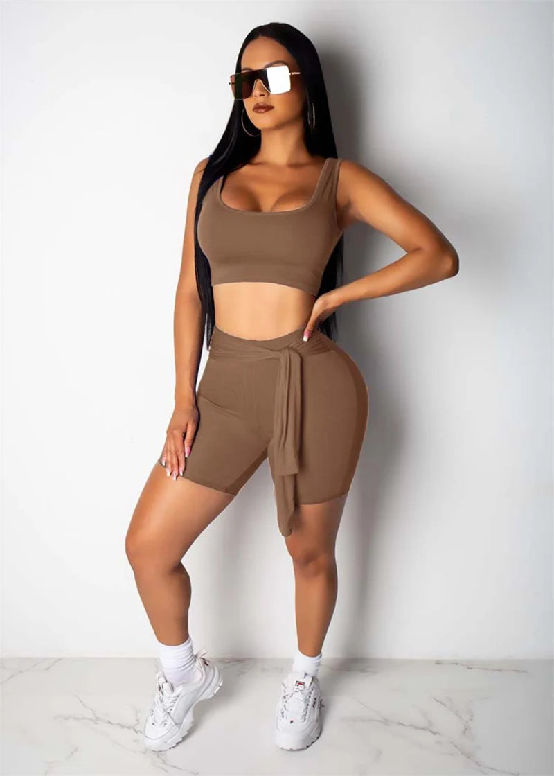 Summer Trachsuit Women Two Piece Suits Sporty Outfits U-neck Tank Crop Top and Lace-up Shorts Casual Fitness Matching Sets Yoga