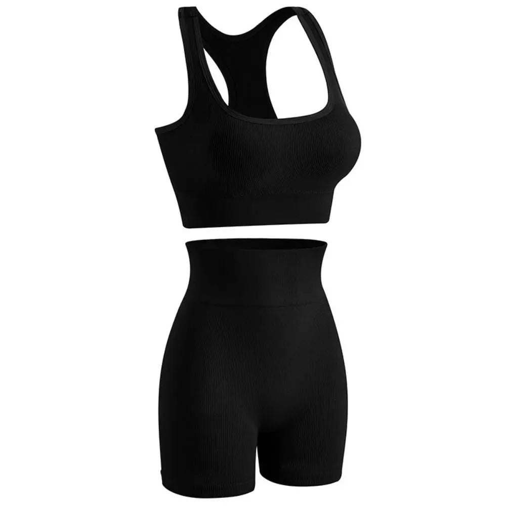 2Pcs High Waist Short Workout Outfits Ribbed Seamless Tracksuit Leggings Sleeveless Crop Matching Active Set Biker