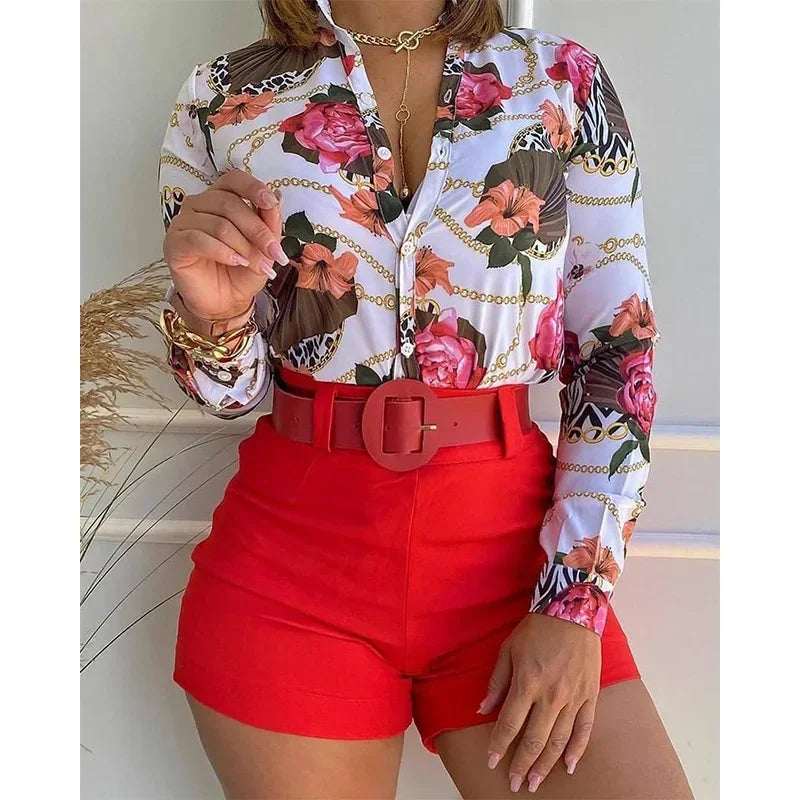 Beach Holiday Women's Tracksuit Floral Leaf Long Sleeve Shirt and Shorts Matching Two 2 Piece Set Outftis Sweatsuit