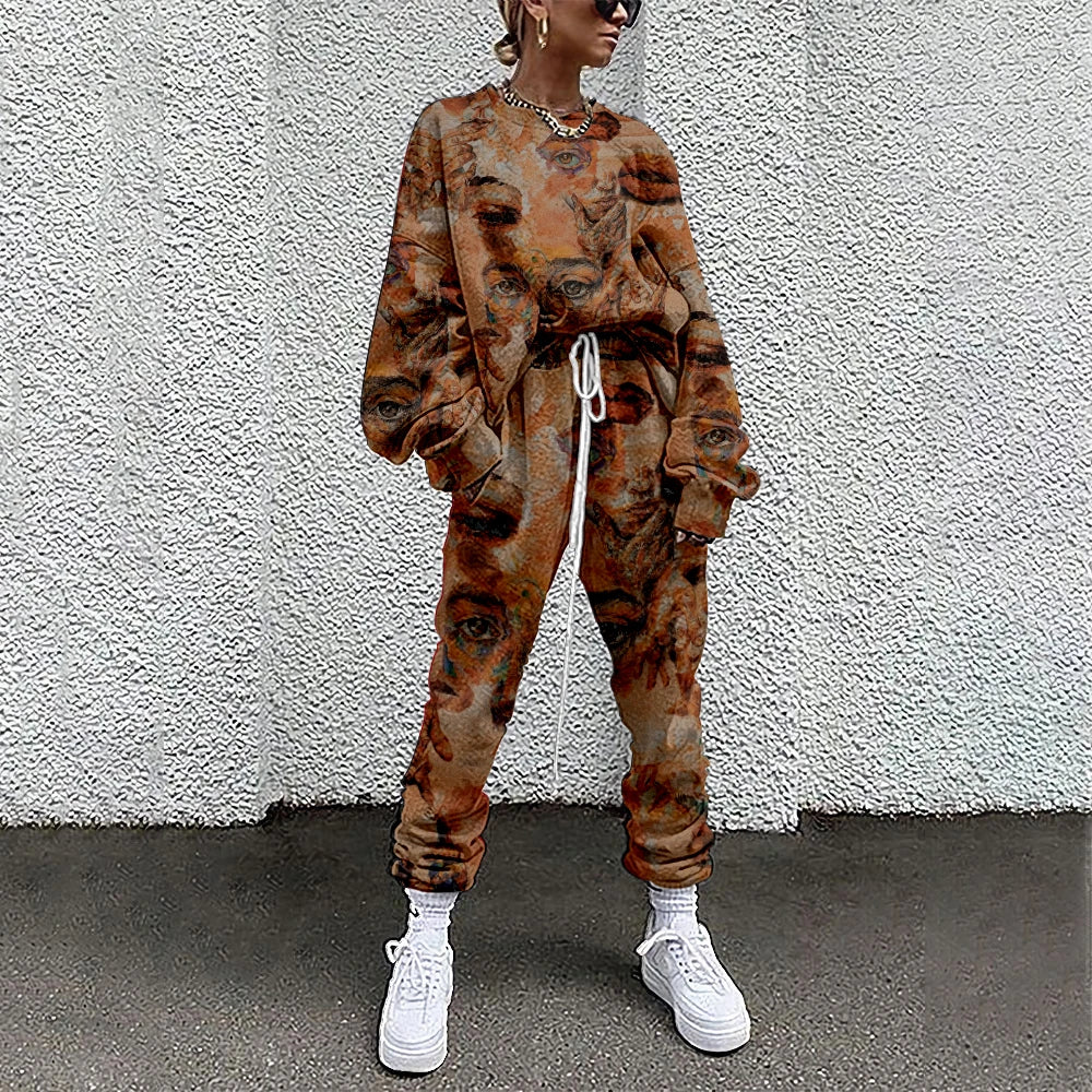 SOJINM Women Clothing 2 Piece Set Suit Outfits Abstract Printed Casual Sport Suit Streetwear Set Autumn Tracksuit sweatpants