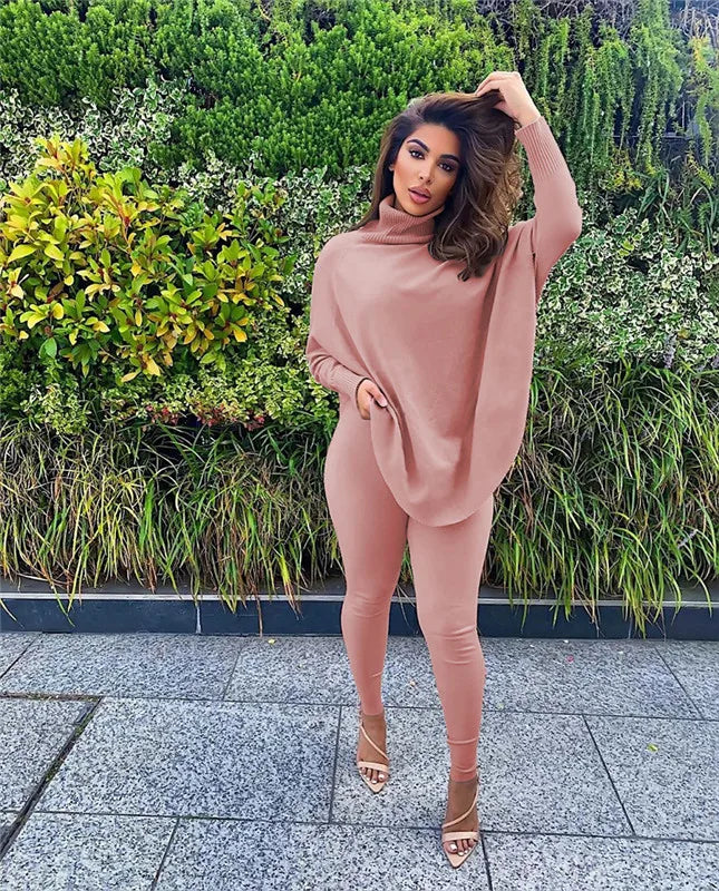 New Two Piece Set Women Fall Winter Clothing Solid Loose Top Leggings Sweatsuit Joggers Matching Set