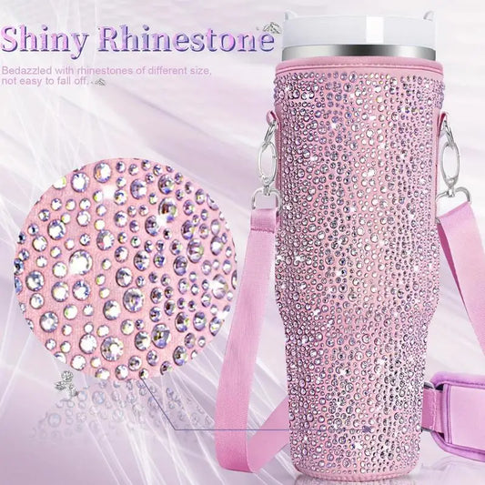 40oz Bling Water Bottle Carrier Bag with Strap,  Pouch Diamond Handfree Water Cup Bags Vacuum Cup Bag Water Bottle Sling Cup