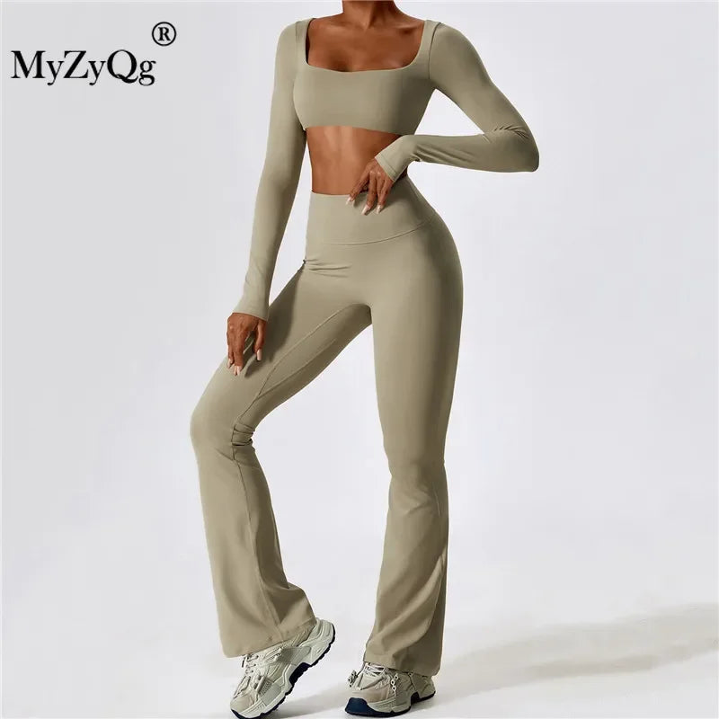 MyZyQg Women Autumn Shock-proof Two Piece Yoga Suit Quick Dry Fitness Casual Sports Long Sleeve T-shirts Flare Pant Set