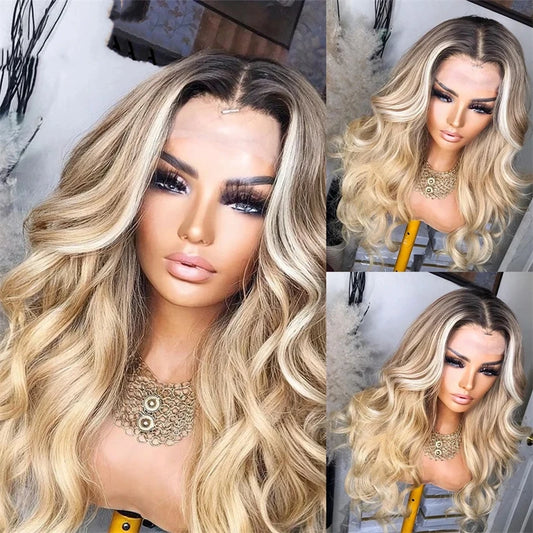 Ash Blonde Human Hair Wigs Natural wave HD Transparent Lace Brown Roots Ombre Pre Plucked Blonde HD Lace Frontal Wig Human Hair