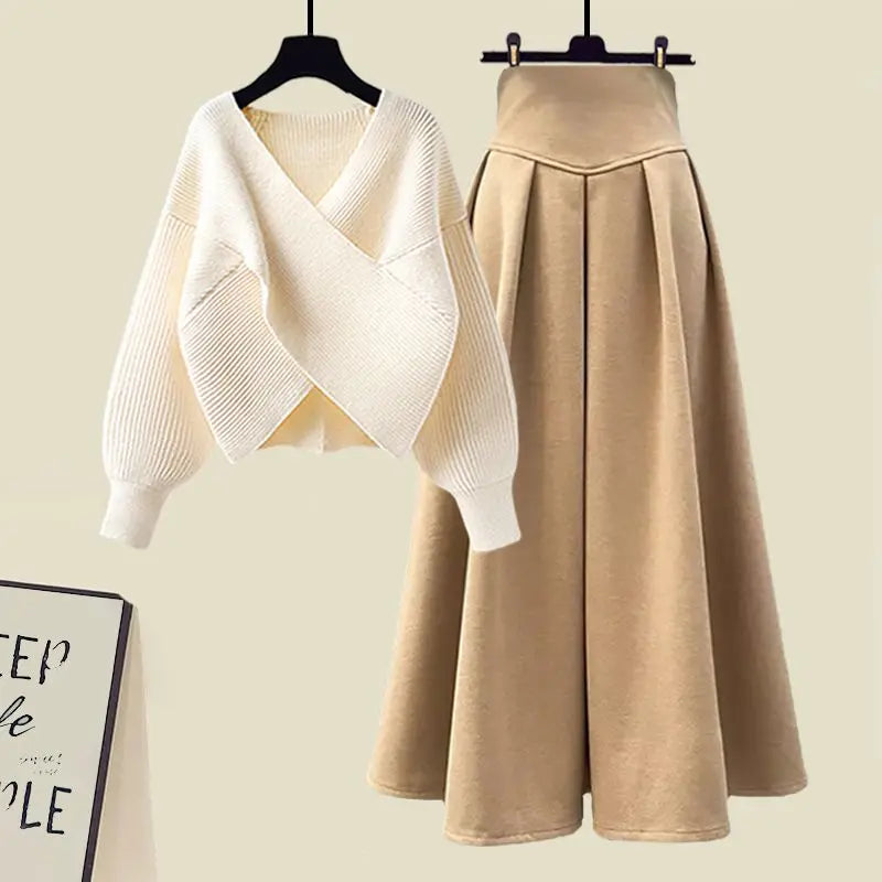 Korean Style Autumn New Chest Cross Knitted Sweater Pullover Pleated Half Skirt Two-piece Set Fashionable Women's Skirt Set