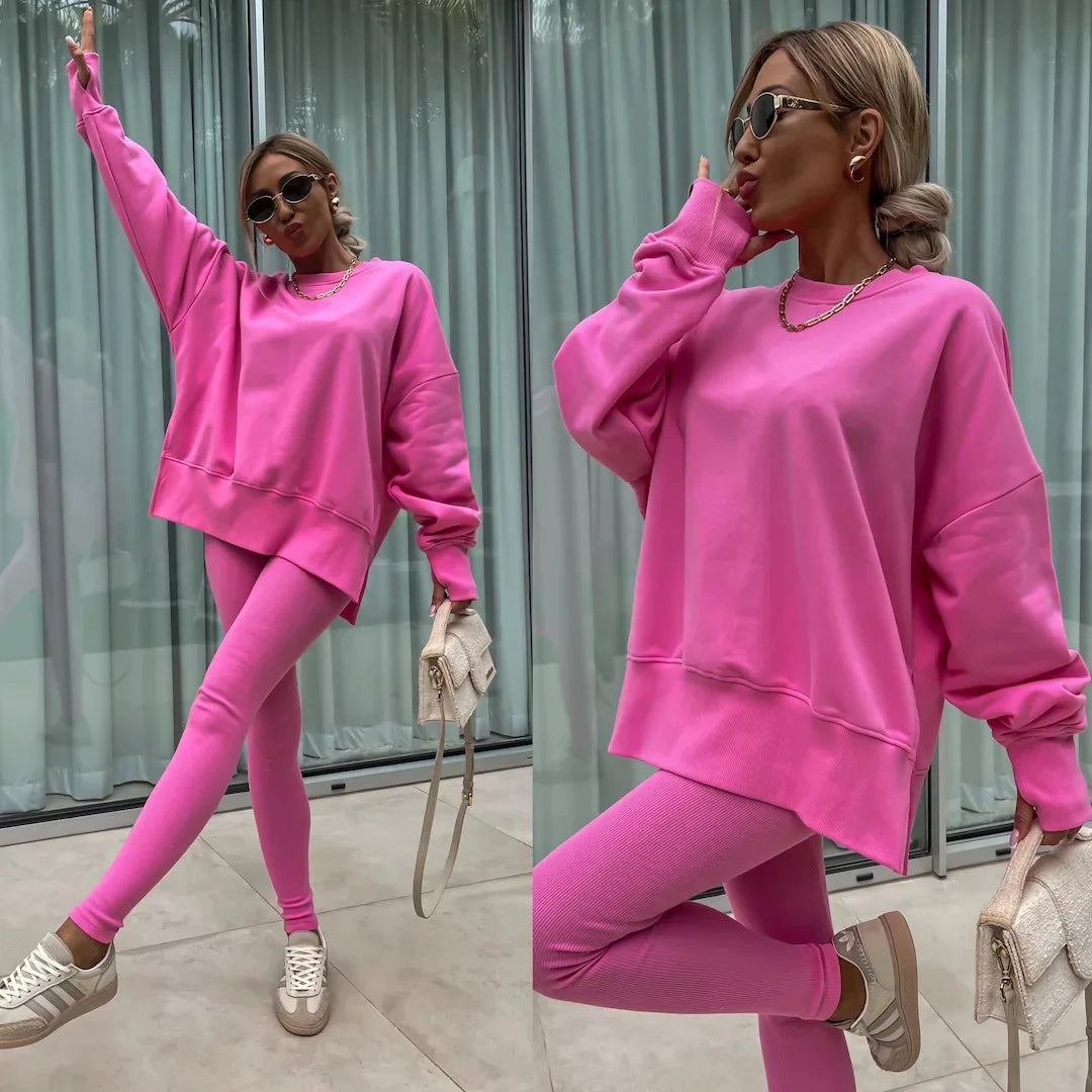 Casual Hooded Tight Pencil Pants Women's 2-piece Set Sweatshirt Autumn Long-sleeved Loose O Neck Top Trousers Yoga Sports Suit