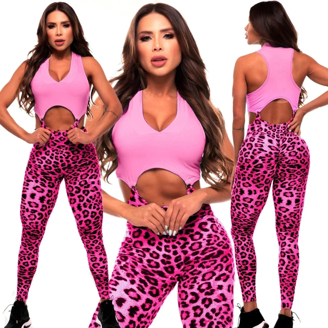 Sport Bra Scrunch Pant Leopard One Piece Jumpsuits - Women's Active Wear Suits for Gym Fitness Workout Legging.