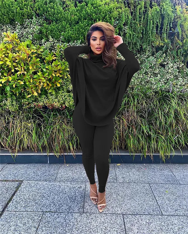 New Two Piece Set Women Fall Winter Clothing Solid Loose Top Leggings Sweatsuit Joggers Matching Set