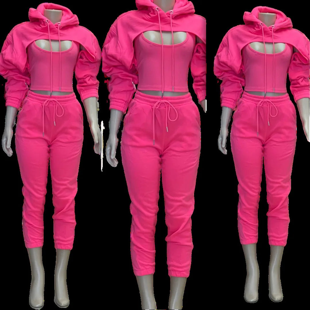 Fitness Women 3 Piece Set Solid Long Sleeve Crop Hoodies Vest High Waist Jogging Pants Suit 2024 Winter Autumn Sporty Sweat Suit