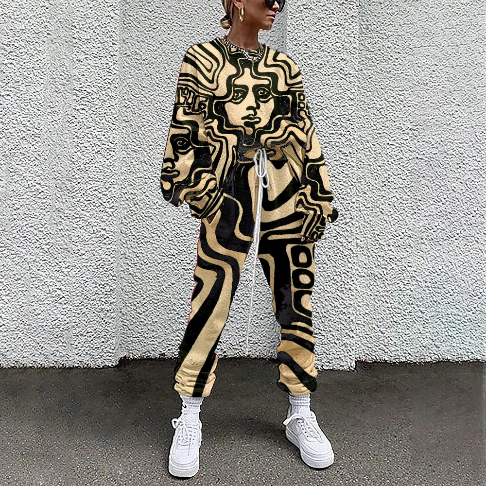 SOJINM Women Clothing 2 Piece Set Suit Outfits Abstract Printed Casual Sport Suit Streetwear Set Autumn Tracksuit sweatpants