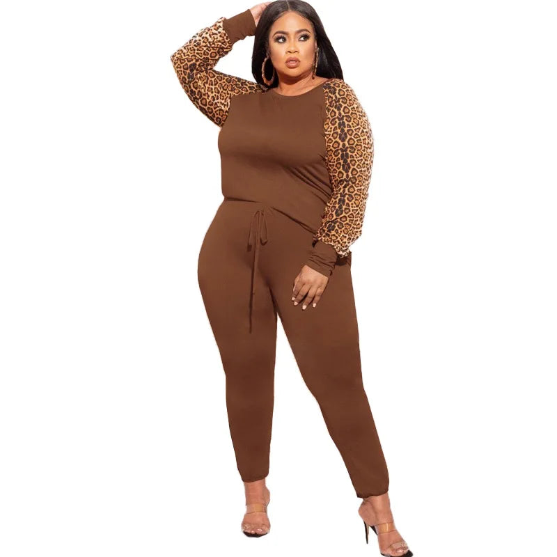 Plus Size Sets 2 Piece Outfit Women Fall Clothes Sweatsuit Tracksuit Leopard Patchwork Crop Top Leggings.