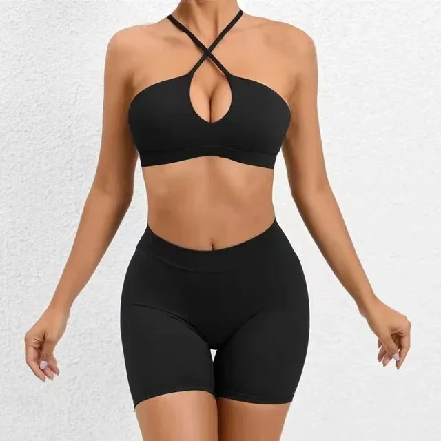 Cross Thin Strap Bra Seamless Yoga Sets Sports Fitness Breathable Quick Dry V Hip-lifting Nude Feel Shorts Leggings Yoga Suits