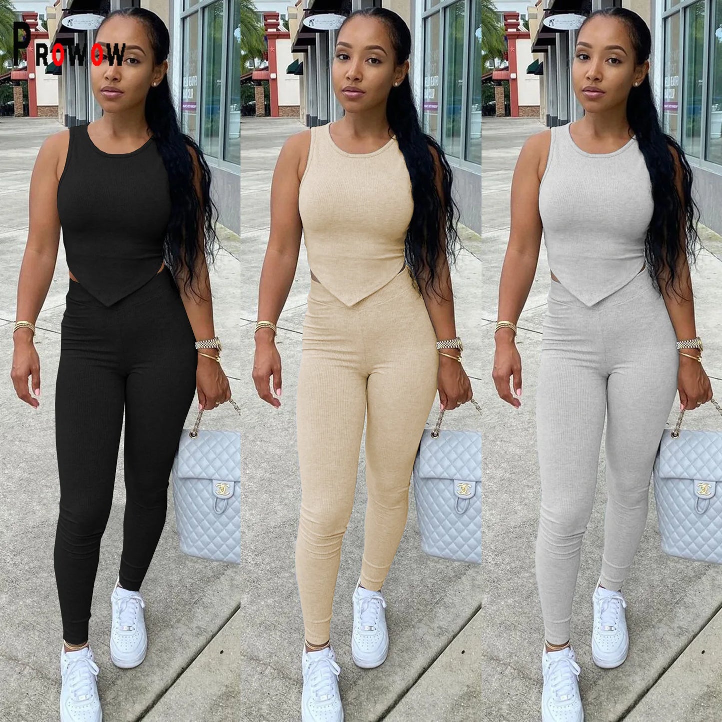 Prowow Bodycon Women Clothing Set Vest Pant Two Piece Tracksuits Fitness Suits 2023 New Summer Spring Joggers Outfits Streetwear