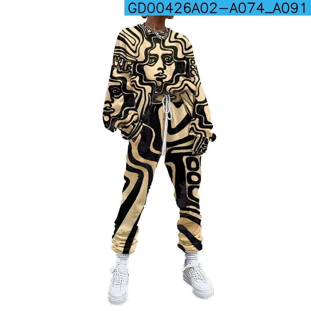 SOJINM Women Clothing 2 Piece Set Suit Outfits Abstract Printed Casual Sport Suit Streetwear Set Autumn Tracksuit sweatpants