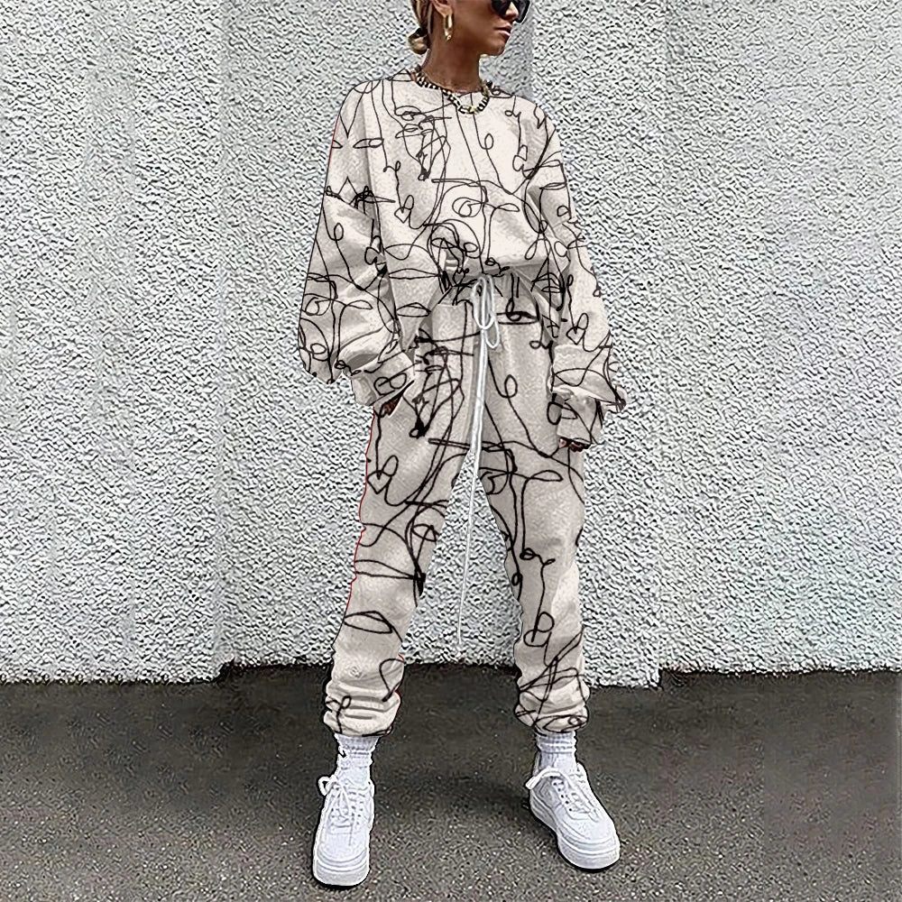 SOJINM Women Clothing 2 Piece Set Suit Outfits Abstract Printed Casual Sport Suit Streetwear Set Autumn Tracksuit sweatpants