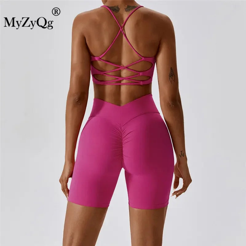 MyZyQg Women 2 Pcs Set Yoga Pilate Bra Beauty Back Cross Leggings Running Sports Underwear Quick Dry Tight Fitness Short Suit