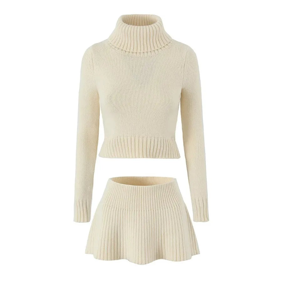 Absobe Knitted Sweater Mini Skirt 2 Piece Set Women Flapped High Neck Long Sleeve Top A-Line Short Skirt Set Autumn Streetwear