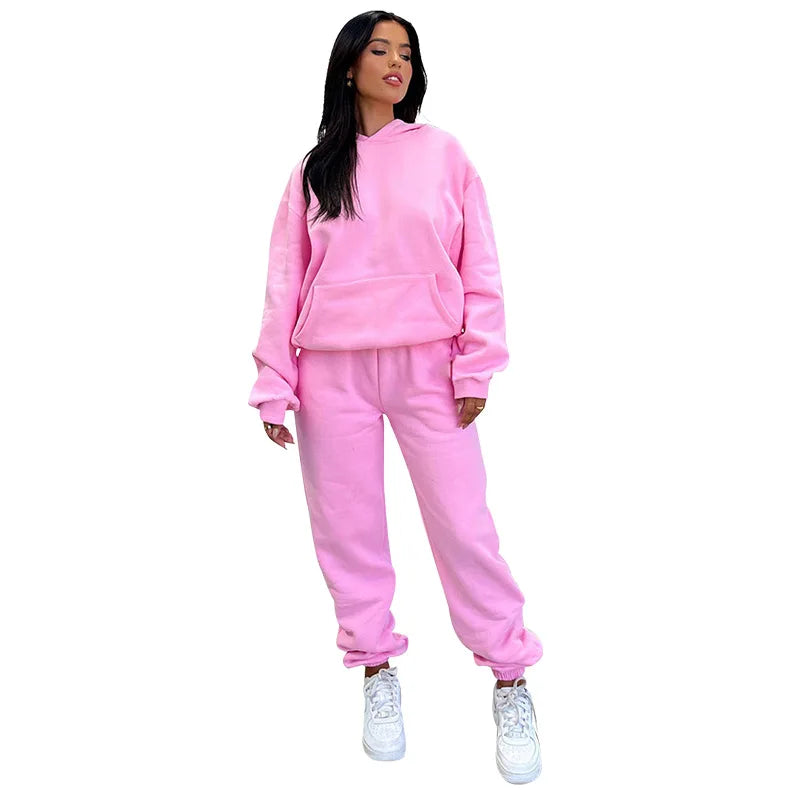 Womens Fleece 2 Piece Outfits Lounge Hoodie Sweatsuit Sets Oversized Sweatshirt Baggy Fall Fashion Sweatpants With Pockets