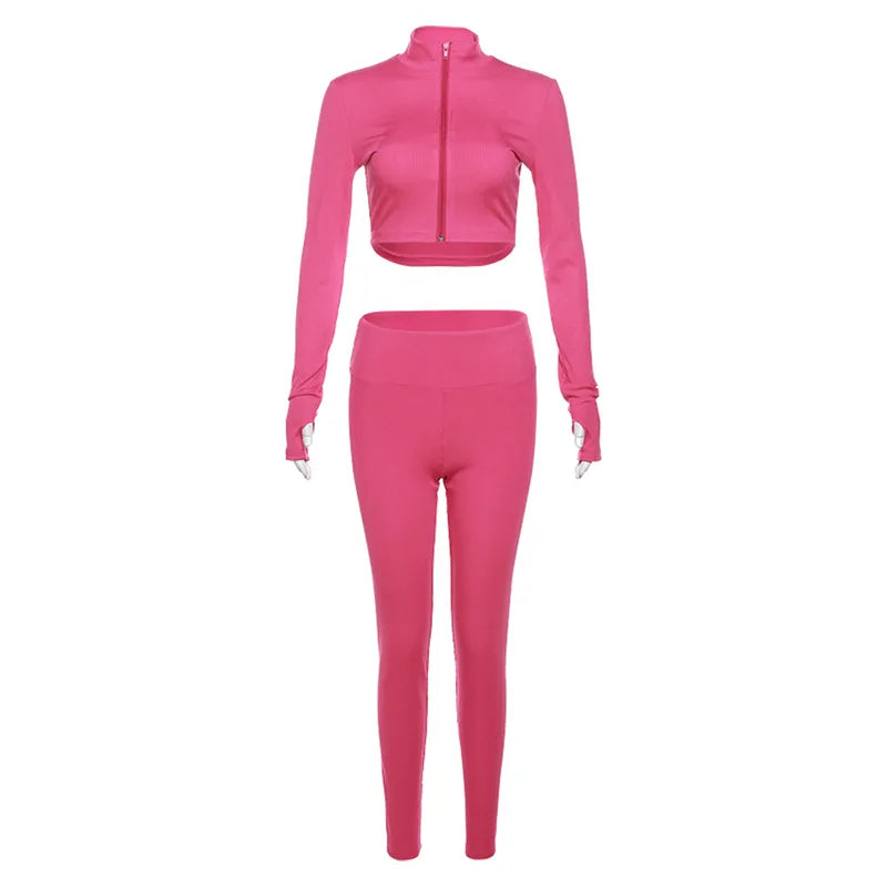 Casual Sportswear Workout Ribbed Long Sleeve Front Zip Crop Tops and Leggings 2024 Spring Autumn Yoga 2 Piece Sets Women Outfit