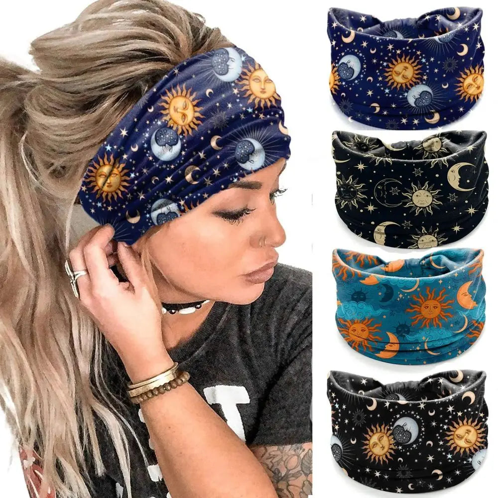 Vintage Knot Wide Headbands New Flower Print Boho Printed Headscarf Star Printed Wide Brim Hair Accessories Yoga