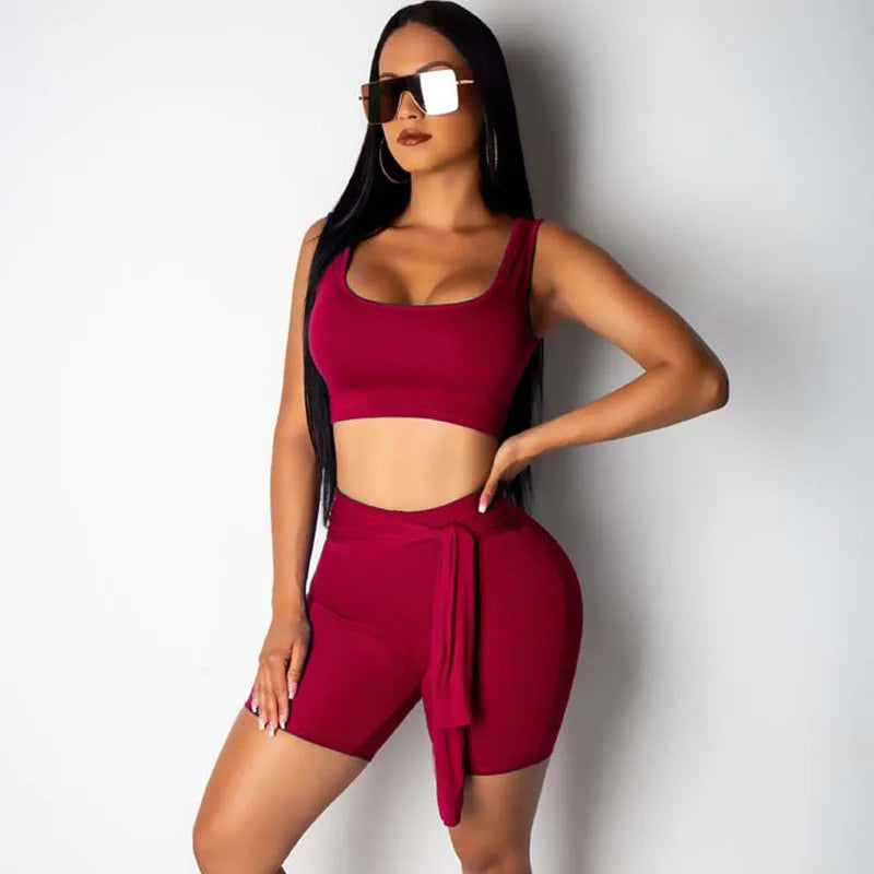 Summer Trachsuit Women Two Piece Suits Sporty Outfits U-neck Tank Crop Top and Lace-up Shorts Casual Fitness Matching Sets Yoga