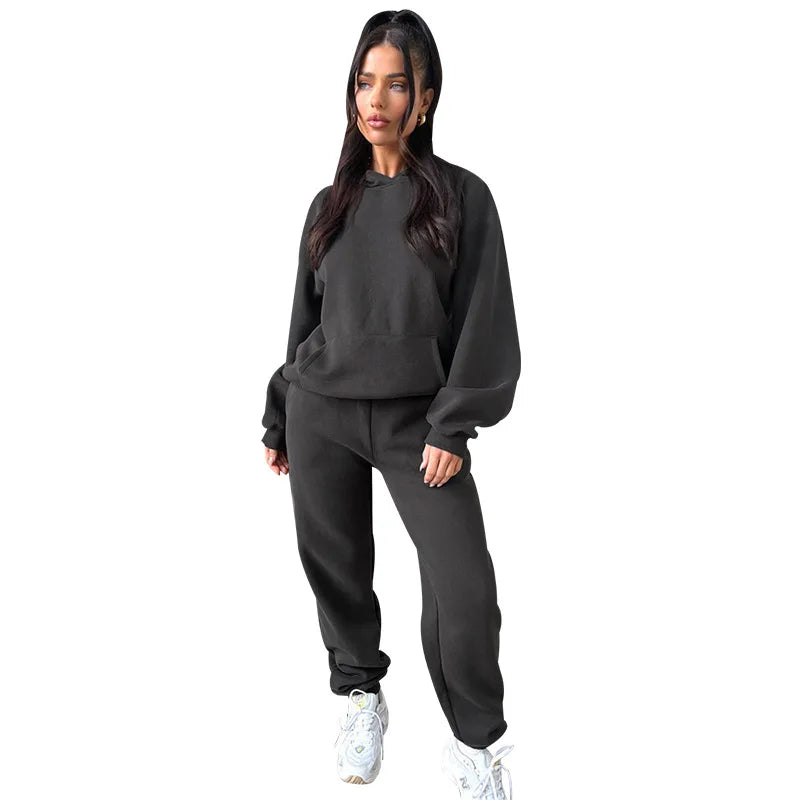 Womens Fleece 2 Piece Outfits Lounge Hoodie Sweatsuit Sets Oversized Sweatshirt Baggy Fall Fashion Sweatpants With Pockets