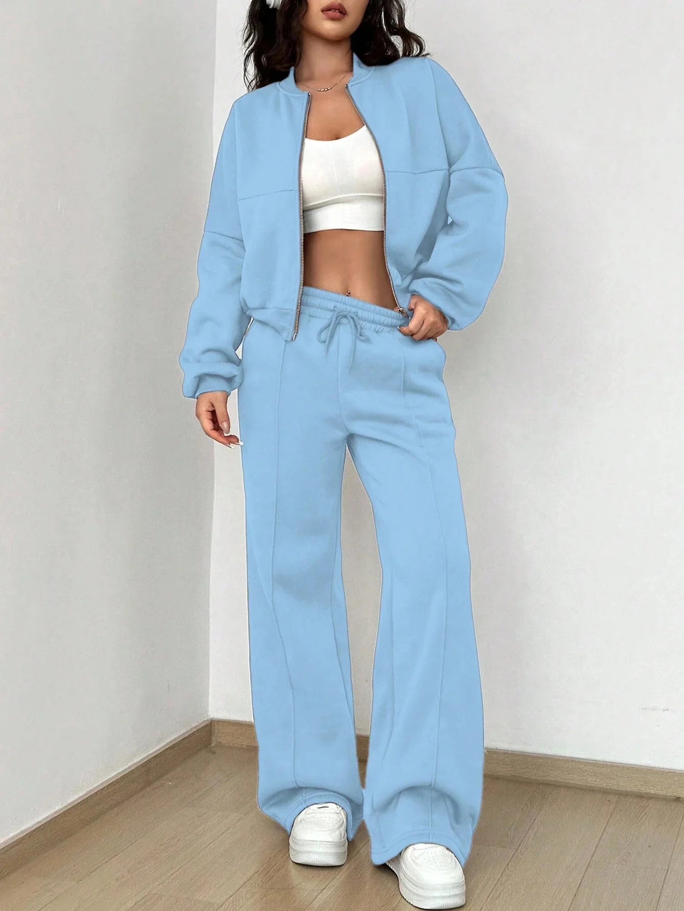 Casual Loose Zipper Coat + Sweatpants Two Piece Sets Women Fashion Solid Sleeve Jacekets Outfits Autumn Winter Sweatshirt Suit