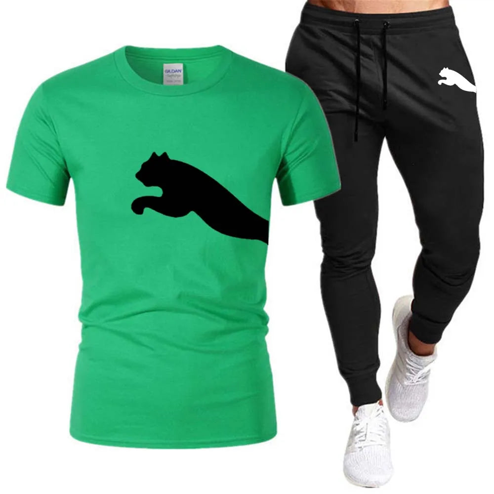 Men's Mesh T-shirt Sweatpants Suit Summer Fashion Casual Short-sleeved T-shirt Sportswear Outdoor Street Two-piece Set S-3XL