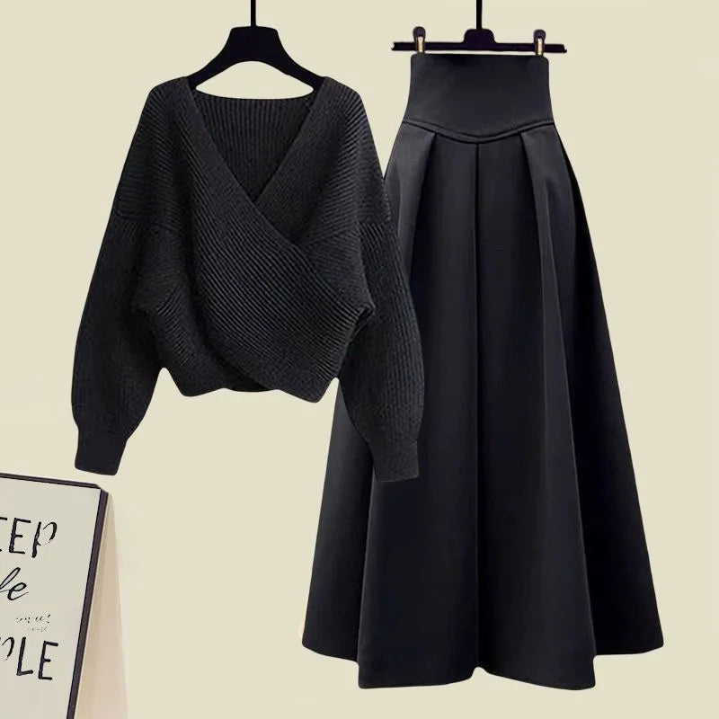 Korean Style Autumn New Chest Cross Knitted Sweater Pullover Pleated Half Skirt Two-piece Set Fashionable Women's Skirt Set