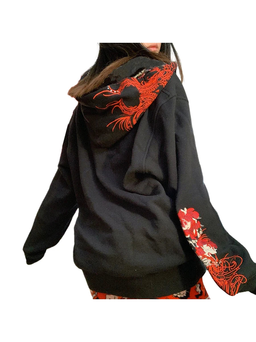 Women Hoodie Y2k Long Sleeve Top Halloween Gothic Sweatshirt Casual Skull Print Cardigan with Pockets