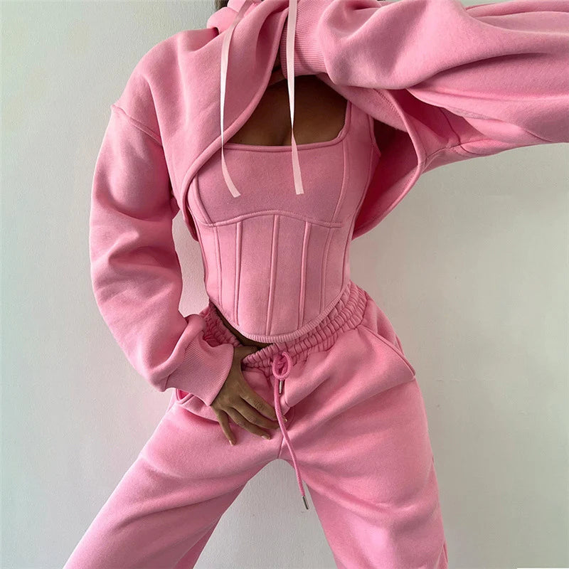 Women Crop Tops Hoodies Tracksuit With Corset Vest Fall Winter Fleece Sweatsuit Sport Jogger Outfits 3 Two Piece Sweatpants Sets