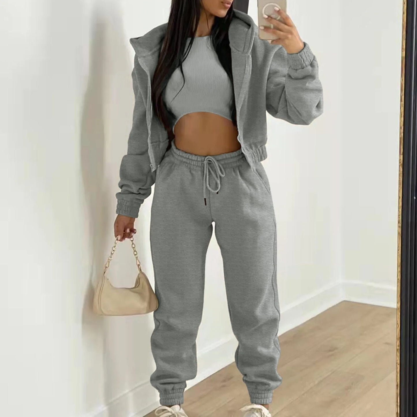 Fashion Women 3 Piece Sets Long Sleeve Zip Hoodies+Ribbed Tank+High Waist Sweatpants Jogger Pant Suit Sporty Three Pieces Outfit